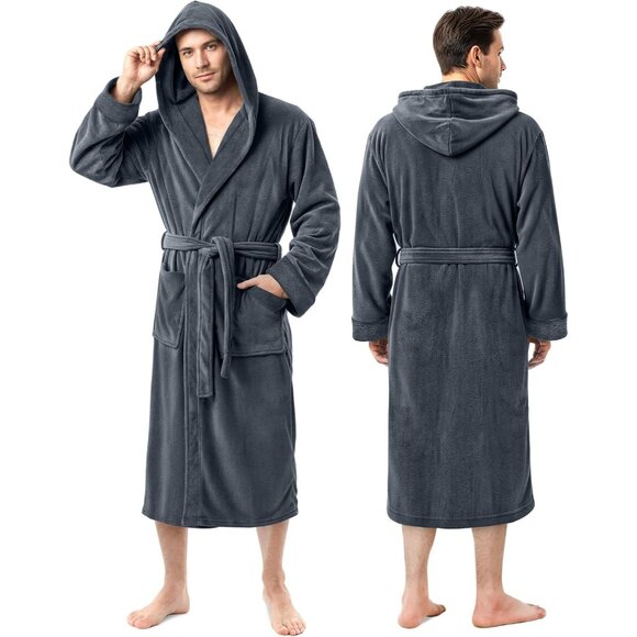 Mens Robe with Hood Luxury Plush Fleece Hooded Bathrobe Spa Bath Robe for Men - Picture 1 of 7